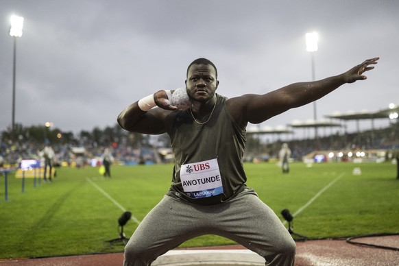 Josh Awotunde of United States in action during the shot put competition during the 50th edition of the World Athletics Diamond League Athletissima athletics meeting at the Stade Olympique de la Ponta ...
