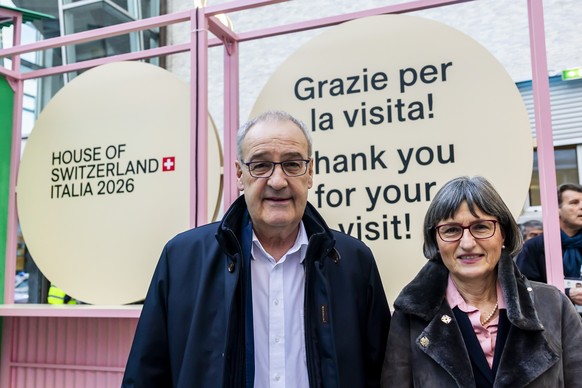 epa12707185 Swiss President Guy Parmelin and his wife Caroline Parmelin visit the House of Switzerland ahead of the opening of the 2026 Olympic Winter Games, in Milan, Italy, 05 February 2026. EPA/SAL ...