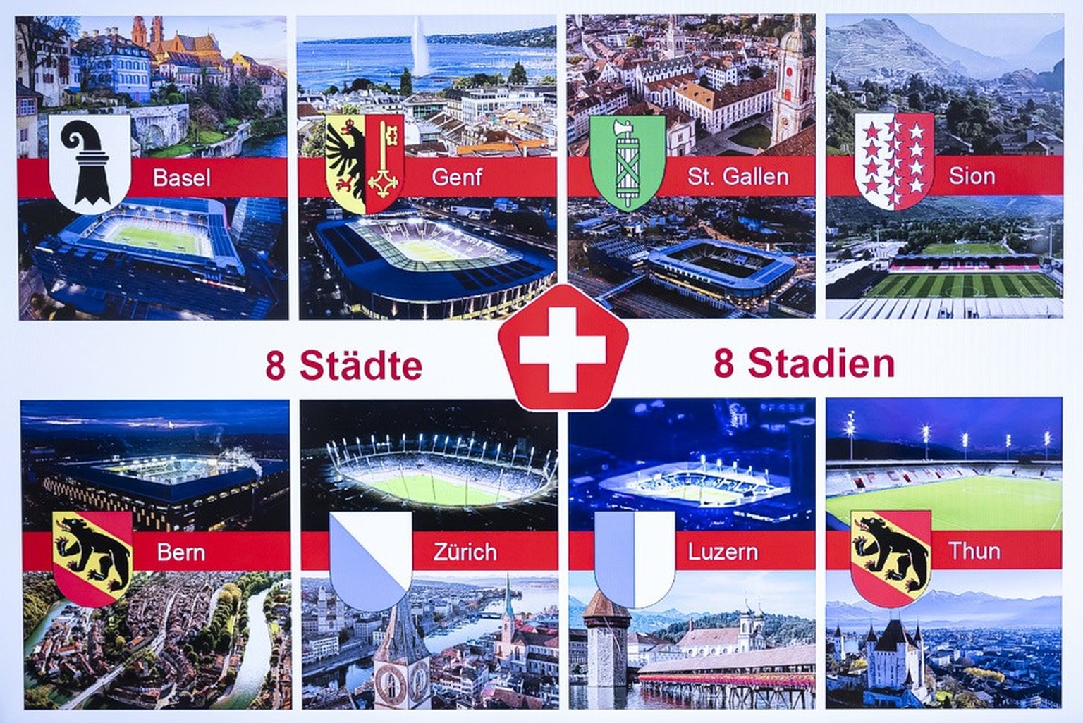 Die 8 Stadien der ausgewaehlten auf einem Bildschirm erscheinen, waehrend einer Medienkonferenz zur UEFA Women?s EURO 2025 in der Schweiz, am Donnerstag, 31. August 2023, in Muri Bei Bern. (KEYSTONE/A ...