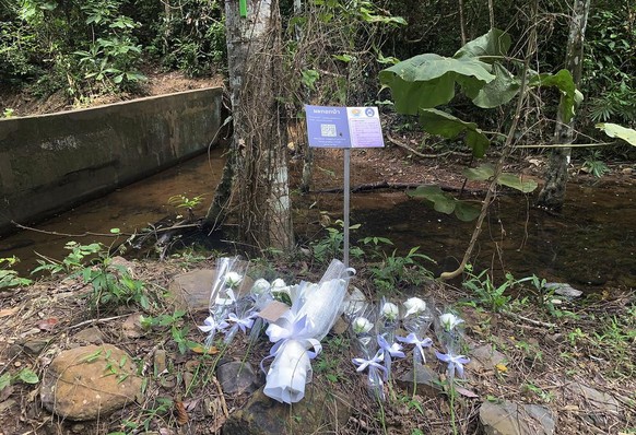 Below a sign marking indigenous species of trees, flowers are placed at the scene where a woman was found dead a day earlier at a secluded spot on the southern island of Phuket, Thailand, on Friday, A ...