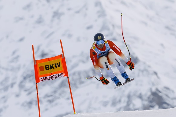 Marco Kohler of Switzerland in action during the men&#039;s downhill training race at the Alpine Skiing FIS Ski World Cup in Wengen, Switzerland, Wednesday, January 10, 2024. (KEYSTONE/Jean-Christophe ...