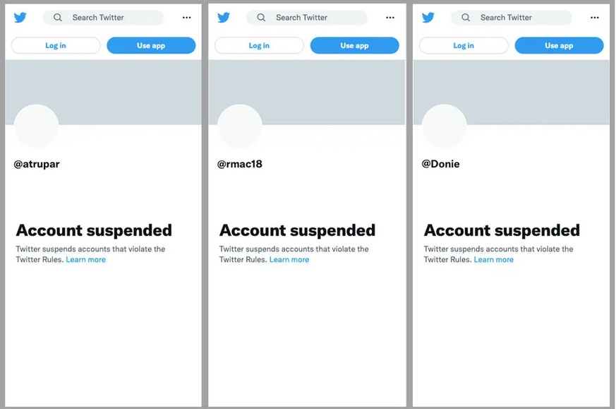 Les profils Twitter de trois journalistes dont les comptes ont été suspendus jeudi.