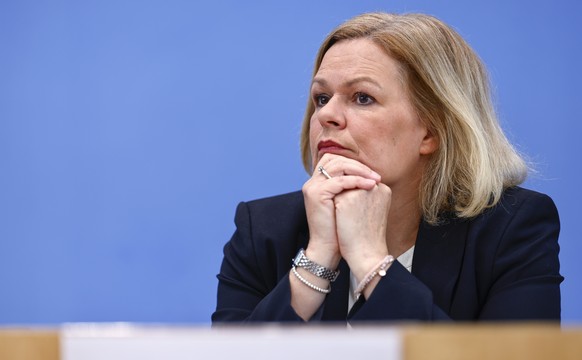 epa11267205 German Interior Minister Nancy Faeser attends a news conference to present the Federal German police crime statistics, in Berlin, Germany, 09 April 2024. EPA/HANNIBAL HANSCHKE
