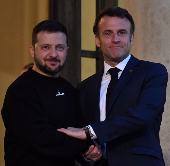 PARIS, FRANCE - MAY 14: Ukrainian President Volodomyr Zelensky meets French President Emmanuel Macron at the Elysee Presidential Palace on May 14, 2023 in Paris, France. (Photo by Christian Liewig - C ...