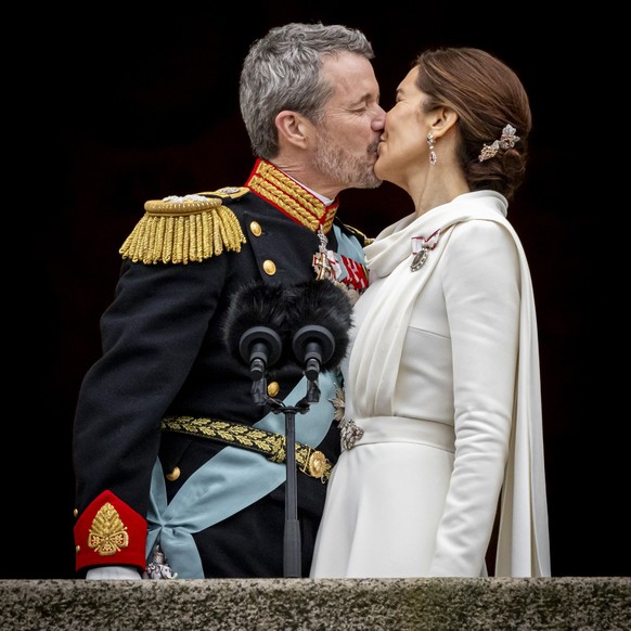 COPENHAGEN, DENMARK - JANUARY 14: King Frederik X of Denmark and Queen Mary of Denmark at the proclamation of HM King Frederik X and HM Queen Mary of Denmark on January 14, 2024 in Copenhagen, Denmark ...