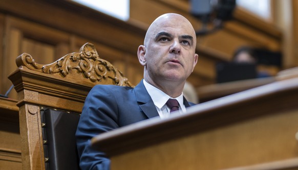 Swiss Federal President Alain Berset at the extraordinary session of the Federal Assembly, Tuesday, April 11, 2023 in the Council of States in Bern. The extraordinary session was convened to debate th ...