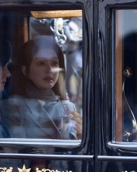 LONDON, UNITED KINGDOM - NOVEMBER 21: Queen Camilla and First Lady of South Korea Kim Keon Hee travel in a carriage towards Buckingham Palace after the ceremonial welcome at Horse Guards Parade during ...