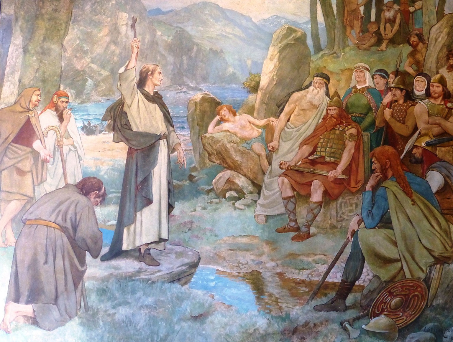 Colomba convertit les Pictes, peinture murale de William Hole, vers 1899.
https://commons.wikimedia.org/wiki/File:Saint_Columba_converting_the_Picts.jpg