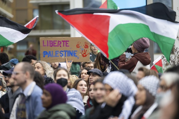 Des manifestants pro-palestiniens brandissent des drapeaux, des banderoles et des pancartes lors d&#039;un rassemblement non autorise en solidarite avec le peuple palestinien ce samedi 1 novembre 2025 ...