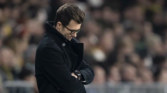 YB's head coach Raphael Wicky reacts during the UEFA Europa League Play-Off 1st leg soccer match between BSC Young Boys of Switzerland and Sporting CP Lissabon of Portugal, at the Wankdorf stadiu ...