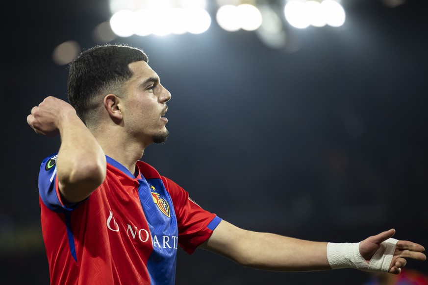 epa10486809 Basel&#039;s Zeki Amdouni reacts after scoring the first goal for his team during the UEFA Europa Conference League play-off second leg soccer match between Switzerland&#039;s FC Basel 189 ...