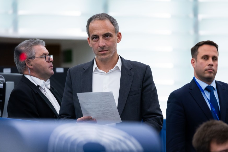 epa11650536 French MEP Raphael Glucksmann speaks after the presentation of the programme activities of the Hungarian Presidency by the Hungarian prime minister during a plenary session at the European ...