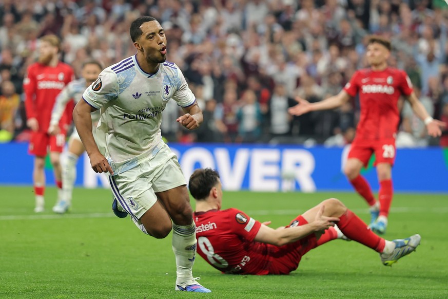 Aston Villa's Youri Tielemans celebrates after scoring the opening goal during the Europa League final soccer match between Freiburg and Aston Villa in Istanbul, Turkey, Wednesday, May 20, 2026.  ...
