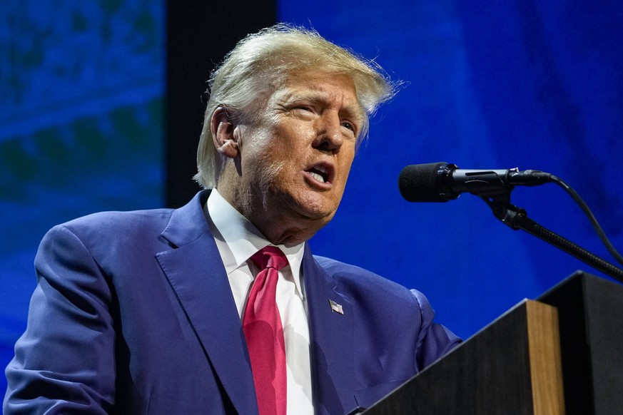 FILE - Former President Donald Trump speaks at the National Rifle Association Convention in Indianapolis, Friday, April 14, 2023. Trump has raised more than $34 million for his 2024 campaign since the ...