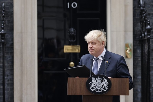 epa10056818 British Prime Minister Boris Johnson announces his resignation as leader of the Conservative Party in Downing Street, London, Britain 7 July 2022. Johnson resigned as Tory Party leader aft ...