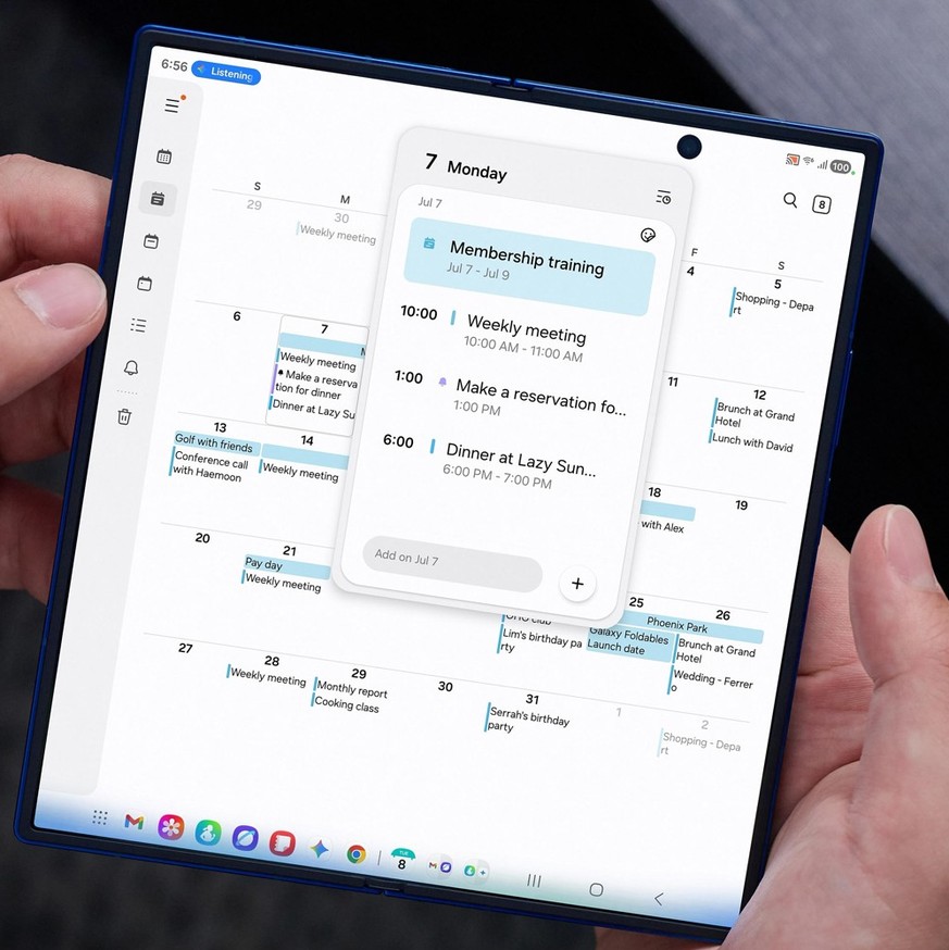 On peut lancer les applications depuis la barre des tâches en bas. Placées librement, elles s'affichent en plein écran, en écran partagé ou sous forme de fenêtre contextuelle.
