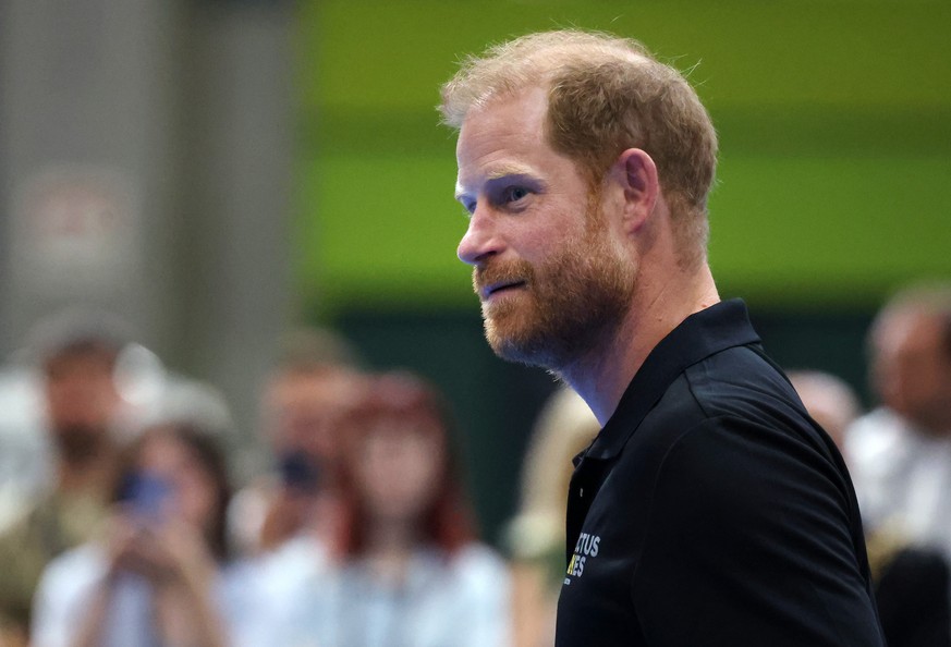 epa13102273 Britains Prince Harry looks on during an Invictus Games countdown event in Birmingham, Britain, 10 July 2026. The Invictus Games will take place from 10-17 July 2027 in Birmingham, Englan ...