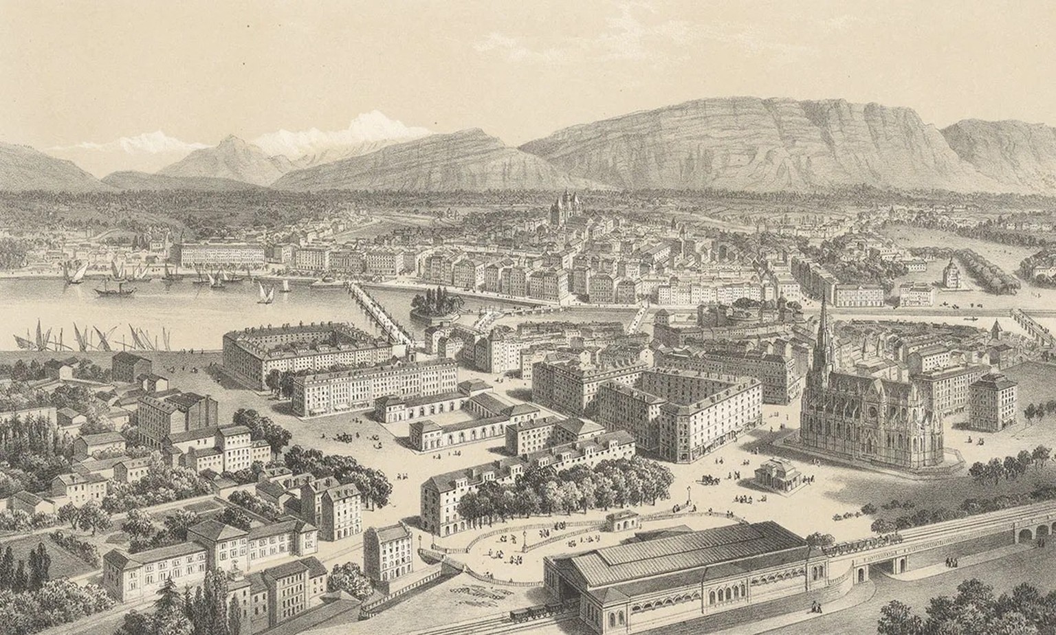 Genève connut une période de bouleversements dans les années 1860. Vue de la ville à cette époque.
https://www.helveticarchives.ch/detail.aspx?id=1245683
