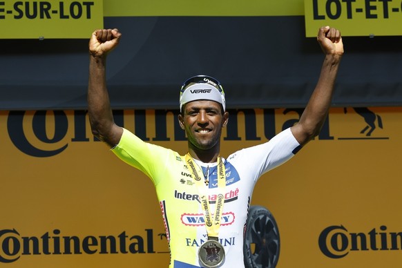 epa11472561 Eritrean rider Biniam Girmay of Intermarche-Wanty celebrates on the podium after winning the 12th stage of the 2024 Tour de France cycling race over 203km from Aurillac to Villeneuve-sur-L ...