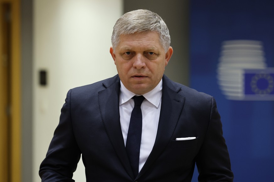 FILE - Slovakia&#039;s Prime Minister Robert Fico arrives to a round table meeting at an EU summit in Brussels, Thursday, Feb. 1, 2024. Fico, has been released from hospital where he was treated after ...