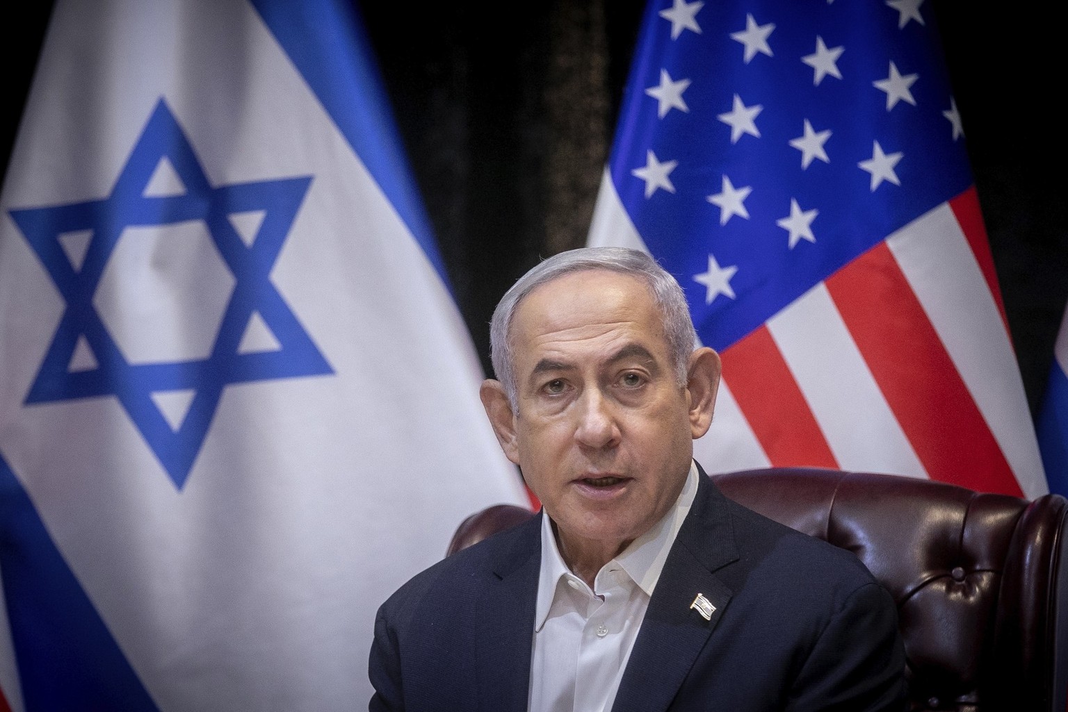 epa10925729 Israeli Prime Minister Benjamin Netanyahu speaks during a meeting with U.S. President Joe Biden in Tel Aviv, Israel, 18 October 2023. President Biden pledged US support for Israel and said ...