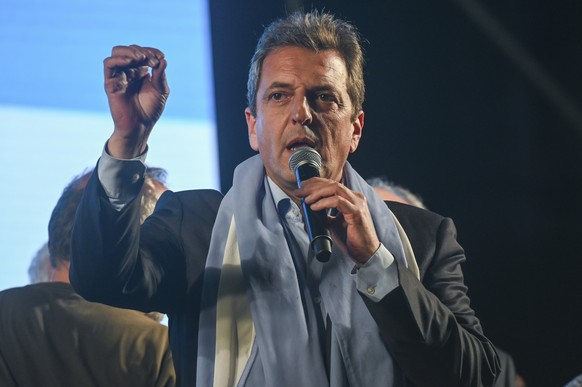 Sergio Massa, Economy Minister and presidential candidate for the ruling party, speaks outside his campaign headquarters after general elections in Buenos Aires, Argentina, Sunday, Oct. 22, 2023. Mass ...