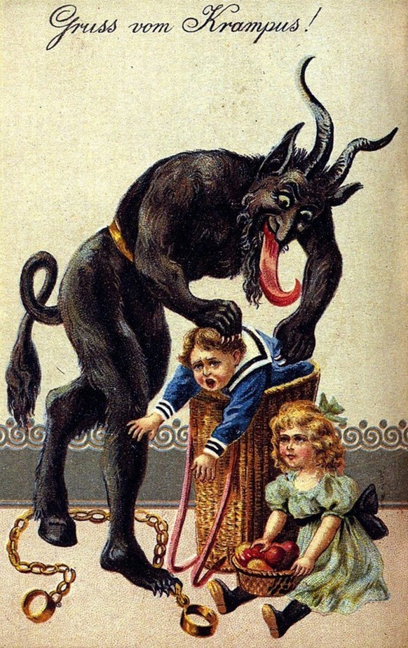 Une carte ancienne indiquant : «Gruss vom Krampus» (« Salutations de Krampus »), vers 1900.