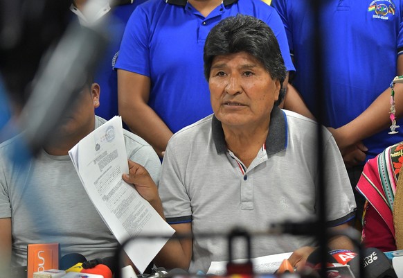 epa11649979 Former Bolivian President Evo Morales (2006-2016) speaks during a press conference in Cochabamba, Bolivia, 08 October 2024. Morales, the leader of the ruling party, assured his followers t ...