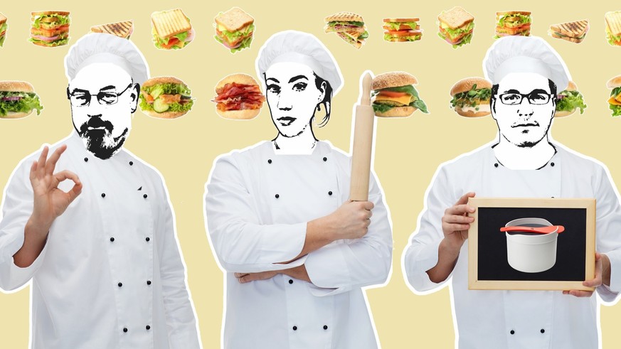 cooking, profession, advertisement and people concept - happy male chef cook or baker in toque holding blank menu board, rolling pin and showing ok hand sign