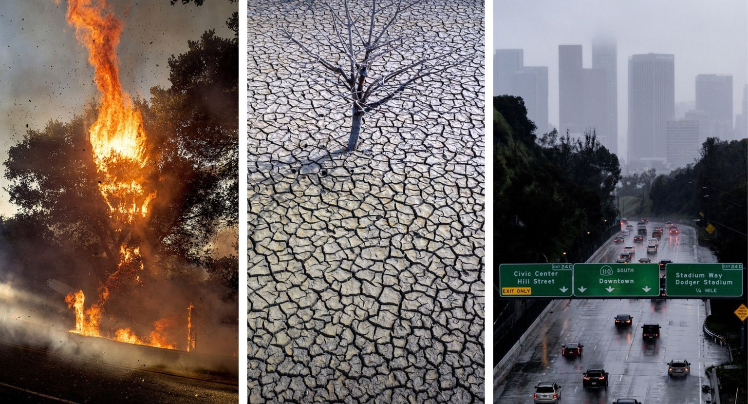 De gauche à droite: les incendies au Canada (2023), la sécheresse en Espagne (2023) et les pluies en Californie (2023).