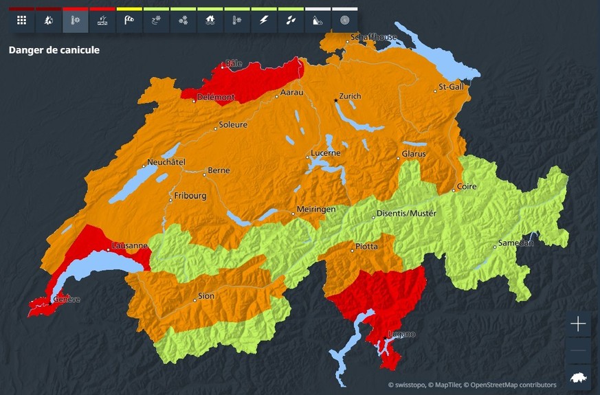 Du mercredi 29 juillet au mercredi 5 août, des alertes canicule de niveau 4 sont en vigueur pour le nord de la Suisse, la région du lac Léman ainsi que le centre et le sud du Tessin.