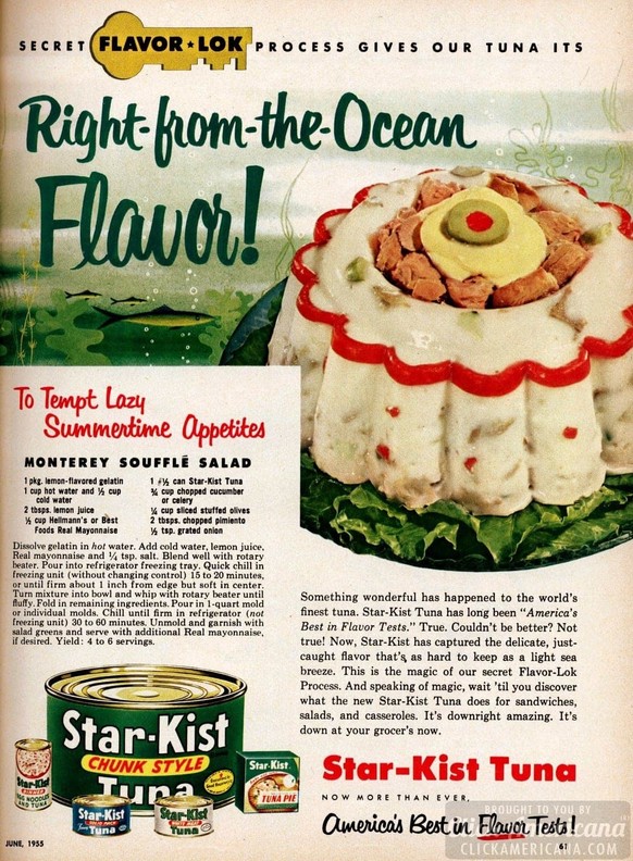 La Monterey souffle salad: une abomination faite à partie de thon en boîte et de mayo.