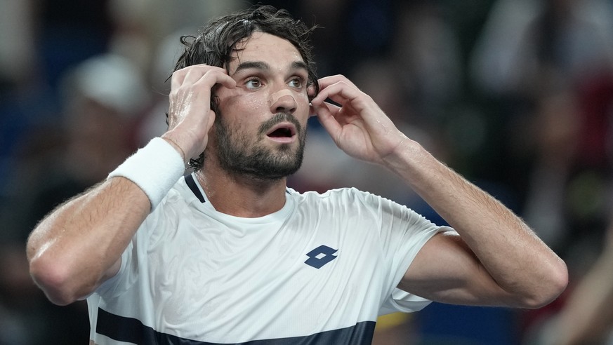 Valentin Vacherot of Monaco reacts after defeating Novak Djokovic of Serbia in the men&#039;s singles semifinal match of the Shanghai Masters tennis tournament at Qizhong Forest Sports City Tennis Cen ...
