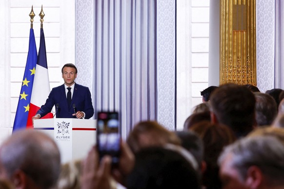 French President Emmanuel Macron delivers a speech during the ceremony of his inauguration for a second term at the Elysee palace, in Paris, France, Saturday, May 7, 2022. Macron was reelected for fiv ...