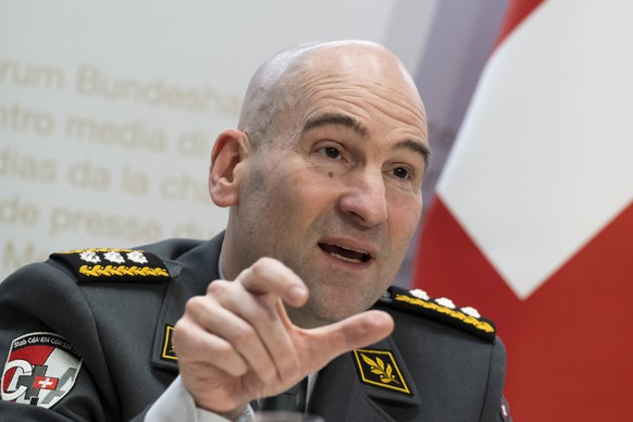 Korpskommandant Thomas Suessli, Chef der Armee, spricht an einer Medienkonferenz zur Armeebotschaft 2023, am Mittwoch, 15. Februar 2023, im Medienzentrum Bundeshaus in Bern. (KEYSTONE/Anthony Anex)