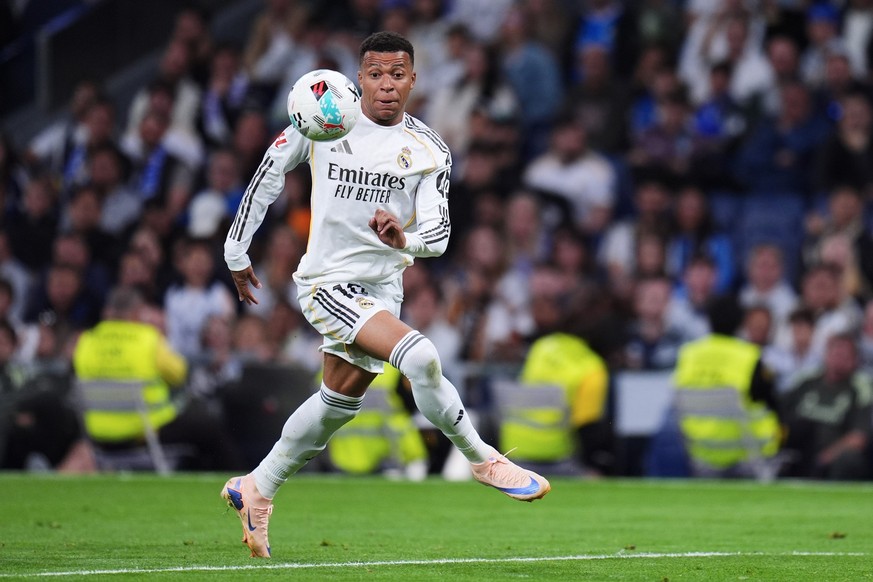 Real Madrid's Kylian Mbappe controls the ball during the Spanish La Liga soccer match between Real Madrid and Real Oviedo in Madrid, Spain, Thursday, May 14, 2026. (AP Photo/Manu Fernandez)