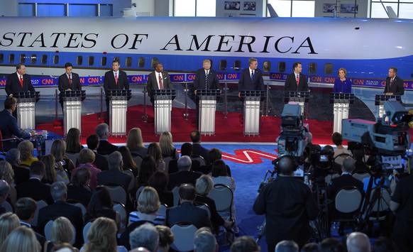 Republican presidential candidates, from left, former Arkansas Gov. Mike Huckabee, Sen. Marco Rubio, R-Fla., Sen. Ted Cruz, R-Texas, retired neurosurgeon Ben Carson, businessman Donald Trump, former F ...