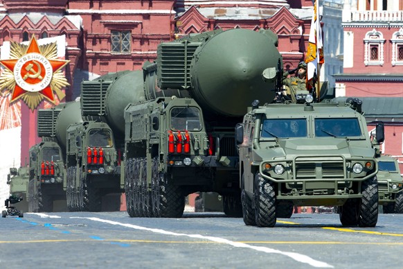FILE - Russian RS-24 Yars ballistic missiles roll in Red Square during the Victory Day military parade in Moscow, Russia in June 24, 2020.Russian President Vladimir Putin has warned that he wouldn&#03 ...