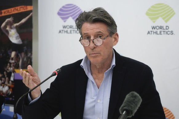 FILE - World Athletics President Sebastian Coe holds a press conference at the conclusion of the World Athletics meeting at the Italian National Olympic Committee, headquarters in Rome, Nov. 30, 2022. ...