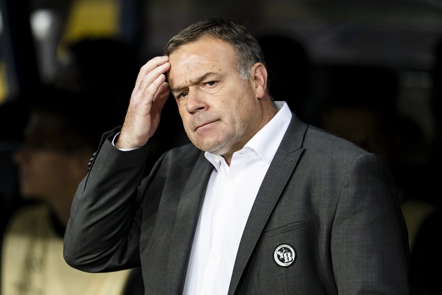 YB head coach Patrick Rahmen reacts during the UEFA Champions League, League phase soccer match, between FC Barcelona and BSC Young Boys at the Estadi Olimpic Lluis Companys stadium, in Barcelona, Spa ...
