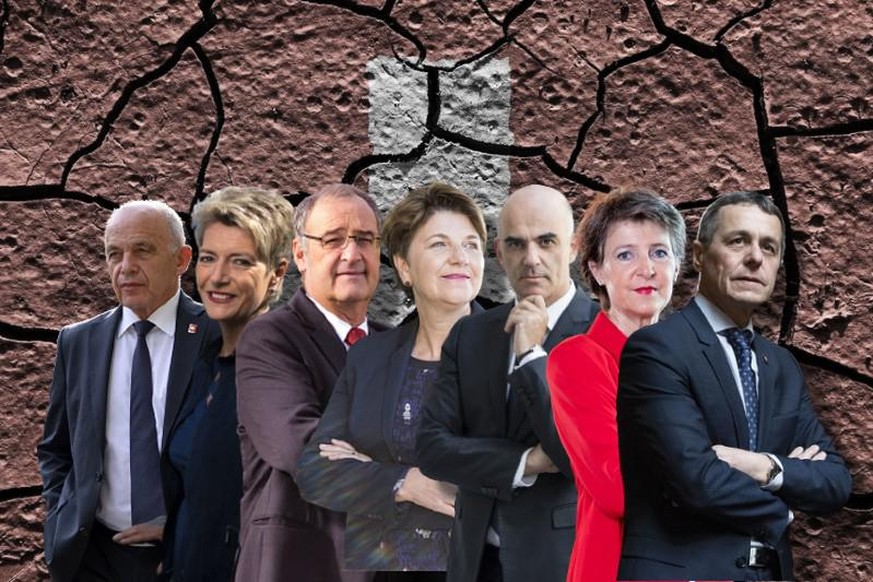 Ueli Maurer, Karin Keller-Sutter, Guy Parmelin, Viola Amherd, Alain Berset, Simonetta Sommaruga et Ignazio Cassis (de gauche à droite).