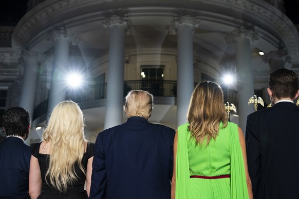 Donal Trump Jr., Tiffany Trump, President Donald Trump, first lady Melania Trump and Barron Trump stand on the South Lawn of the White House on the fourth day of the Republican National Convention, Th ...