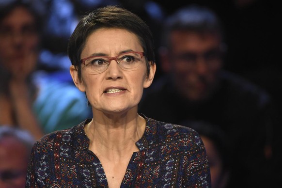 epa05888871 French presidential election candidate for the far-left Lutte Ouvriere (LO) party Nathalie Arthaud speaks during a debate organised by the French private TV channels BFM TV and CNews, betw ...