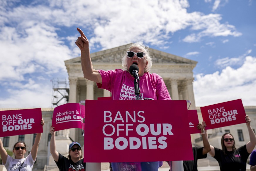 Laura Meyers, CEO of Planned Parenthood Metropolitan Washington DC, speaks during a Planned Parenthood rally in support of abortion access outside the Supreme Court on Saturday, April. 15, 2023, in Wa ...