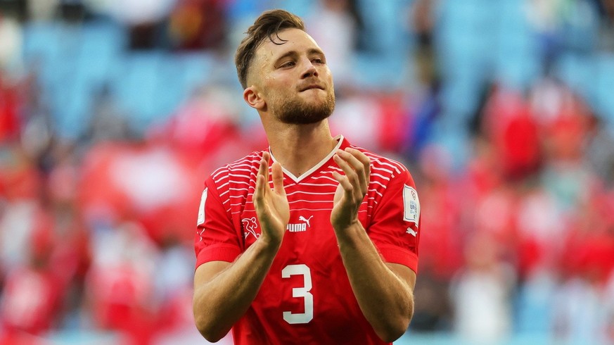 epa10324639 Silvan Widmer of Switzerland applauds fans after winning the FIFA World Cup 2022 group G soccer match between Switzerland and Cameroon at Al Janoub Stadium in Al Wakrah, Qatar, 24 November ...