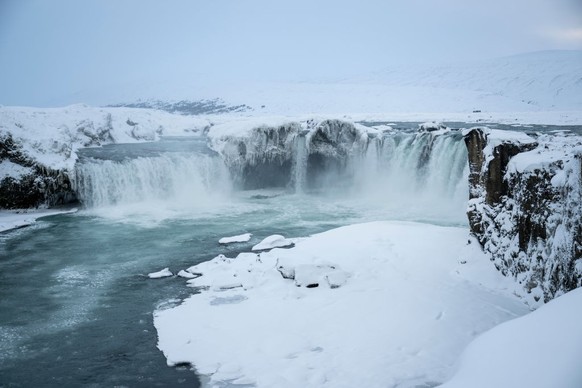 A panoramic view of Godafoss waterfall is located in Akureyri, Iceland, on January 10, 2025. Also known as the ''Waterfall of the Gods,'' it is one of the most impressive waterfall ...