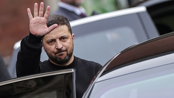 epa10628052 Ukrainian President Volodymyr Zelensky leaves after the Charlemagne Prize (Karlspreis) ceremony in the town hall of Aachen, Germany, 14 May 2023. This year&#039;s prize is awarded to Ukrai ...