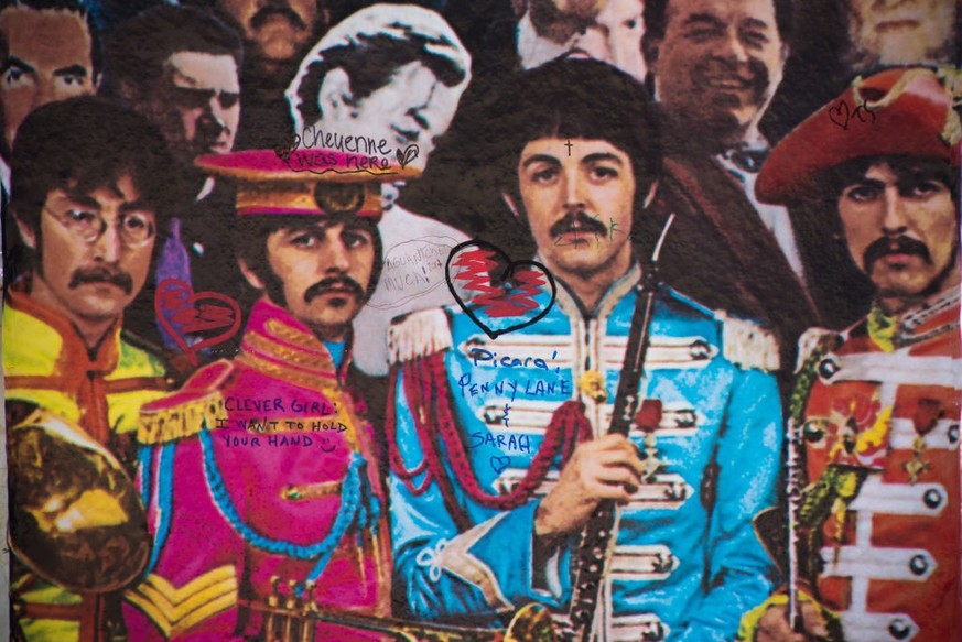 World famous Abbey Road Studios are decorated with Beatles stickers on the walls, to remember the 50th anniversary of the release of Sgt Pepper&#039;s Lonely Hearts Club Band, London on June 1, 2017.  ...