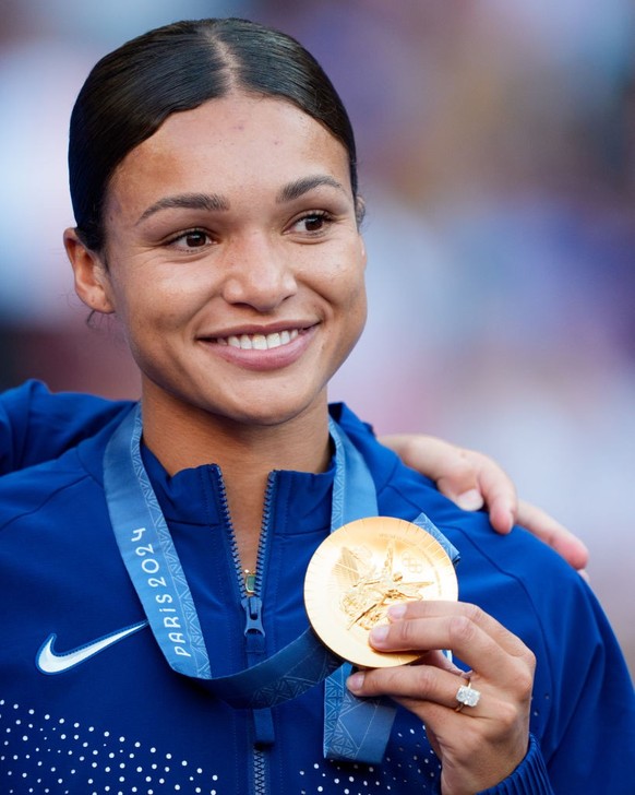PARIS, FRANCE - AUGUST 10: Sophia Smith #11 of the United States during the medal ceremony after the Women&#039;s Gold Medal match between Brazil and United States of America during the Olympic Games  ...