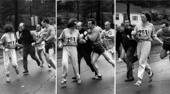 A woman, listed only as K. Switzer of Syracuse, found herself about to be thrown out of the normally all-male Boston Marathon when a husky companion, Thomas Miller of Syracuse, threw a block that toss ...